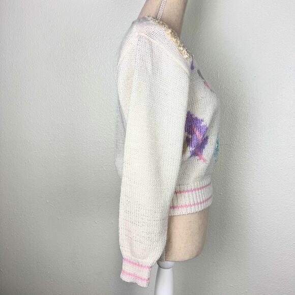 Vintage 80s Pastel Knit Sweater M – Whimsigoth Coquette Cottagecore Halloween - Picture 4 of 8